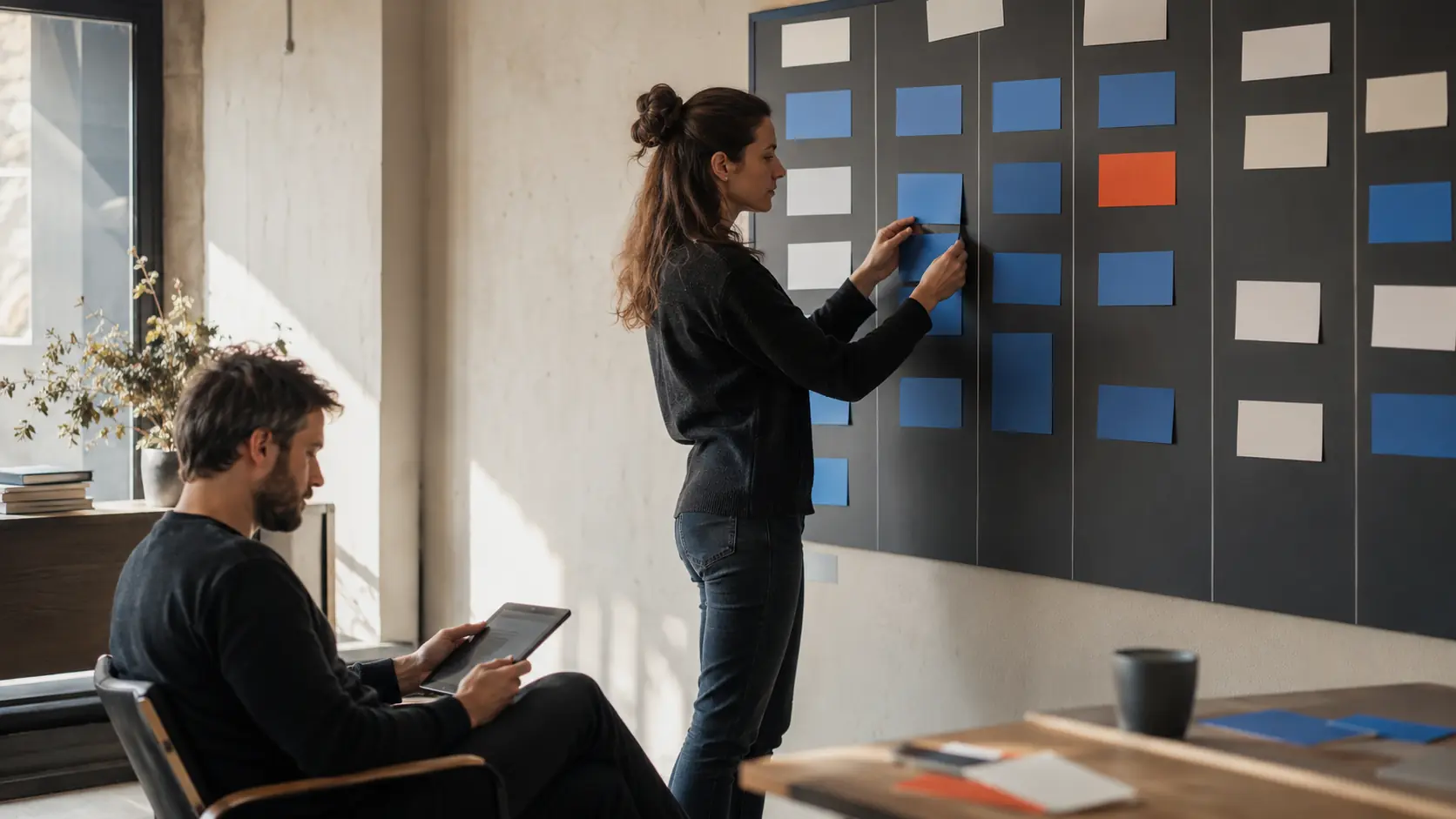 Ilustratīva programmatūras izstrādes posmu plānošana pie fiziskas darba sienas